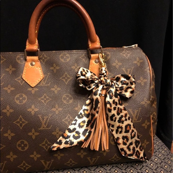 Purse scarf braided tassel clip bag charm leopard black gold  w/brown tassel - Picture 1 of 5